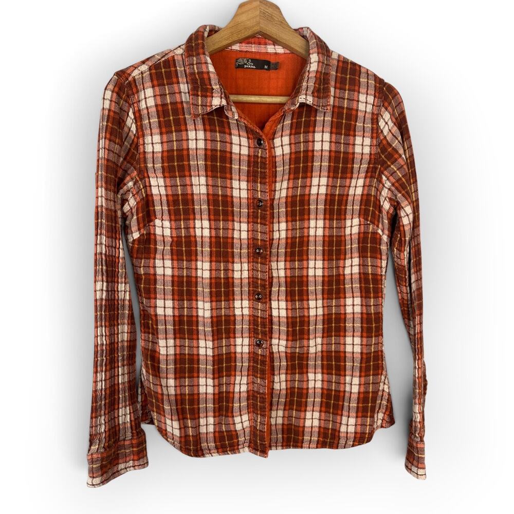 prAna Women size M Orange Brown Plaid Flannel Shirt Outdoor Hiking Cabincore